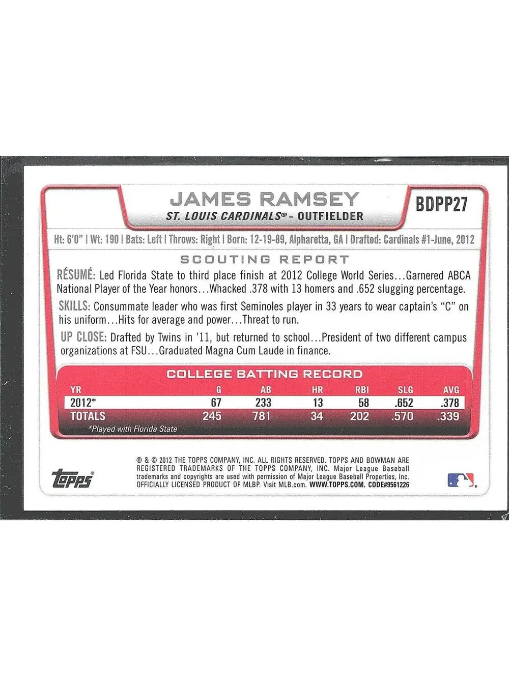 2012 Bowman Draft Picks & Prospects #BDPP27 James Ramsey HAND SIGNED